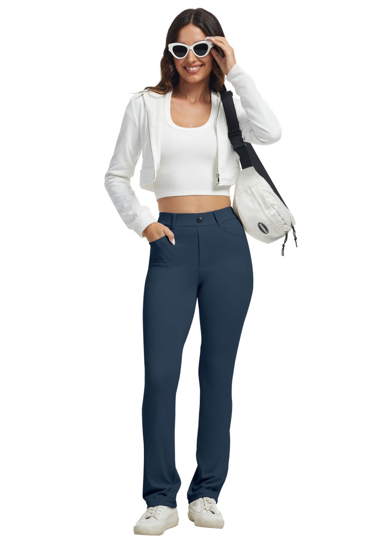 VIMPEP Yoga Pants Women Straight Leg Pants with Pockets High Waist Stretchy Pull On Dress Slacks for Casual Lounge Office Work Petite/Regular 1202 33 Navy Blue L - Image 4