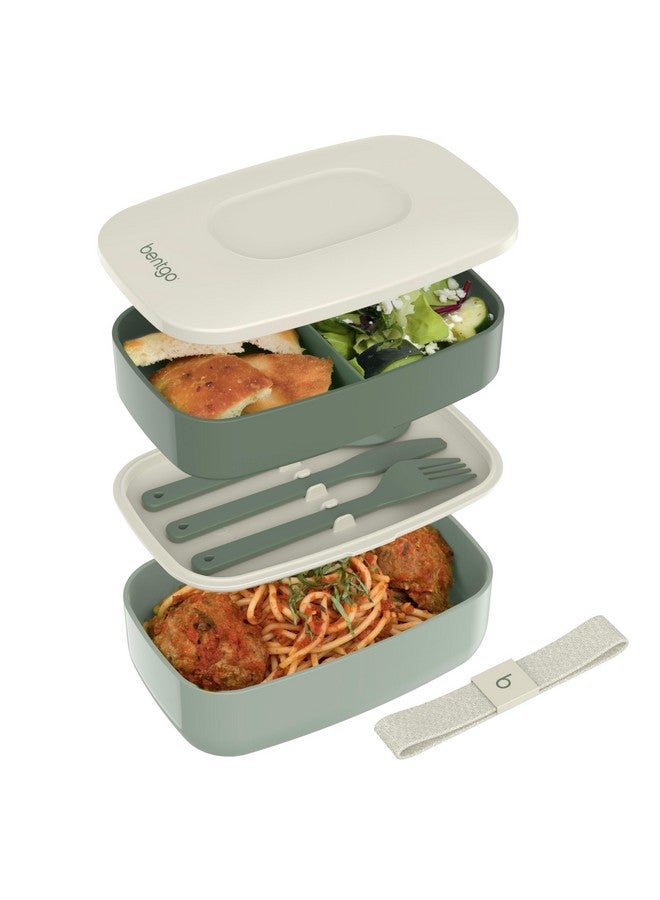 بنتجو بينتجو كلاسيك - صندوق بينتو للبالغين، صندوق غداء قابل للتكديس بثلاثة أقسام مع مجموعة أدوات قابلة للإزالة وحزام إغلاق، خالٍ من مادة BPA، حاوية طعام مثالية لتحضير الوجبات والعمل وأثناء التنقل (أخضر كاكي) - Image 1