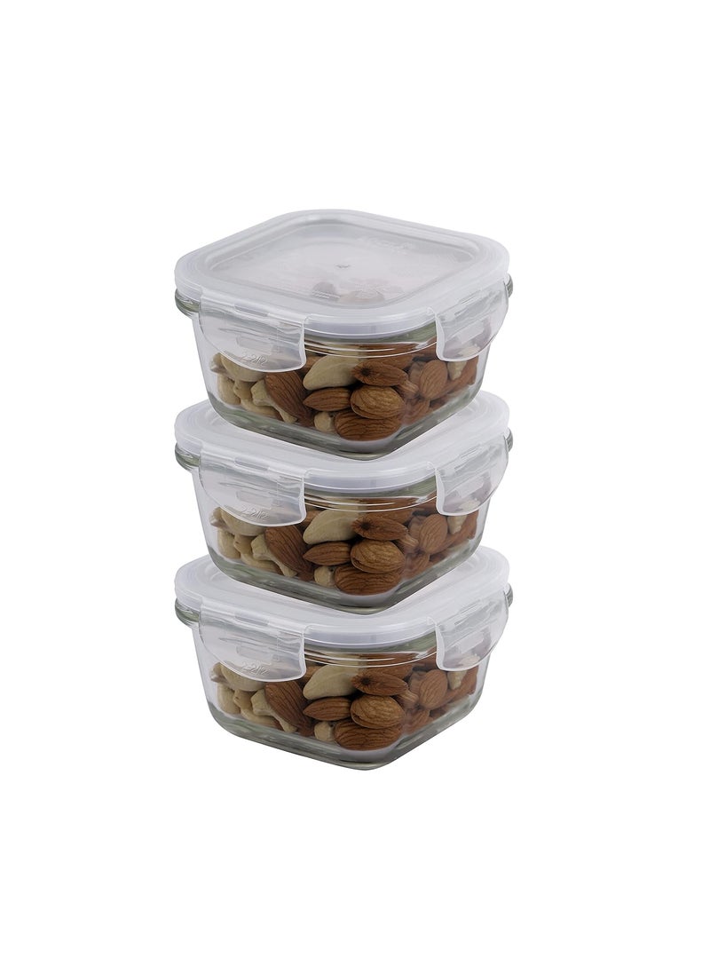 LOCK & LOCK Lock & Lock Euro Glass Square Food Storage Container, 300ml, Transparent, Set of 3 (LLG205) | Superior Borosilicate Glass Container | Stain Free, BPA Free, Leakproof | Airtight 4 Side Locking Lid  - Image 1