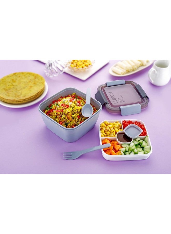 Clazkit Plastic Salad Lunch Box Container with Cutlery and Sauce Container with 5 Compartment Bento Style Tray Leak Proof Lunch Box for Food Snack Salad Home Office 1400Ml-Piegon, Multicolor - Image 1
