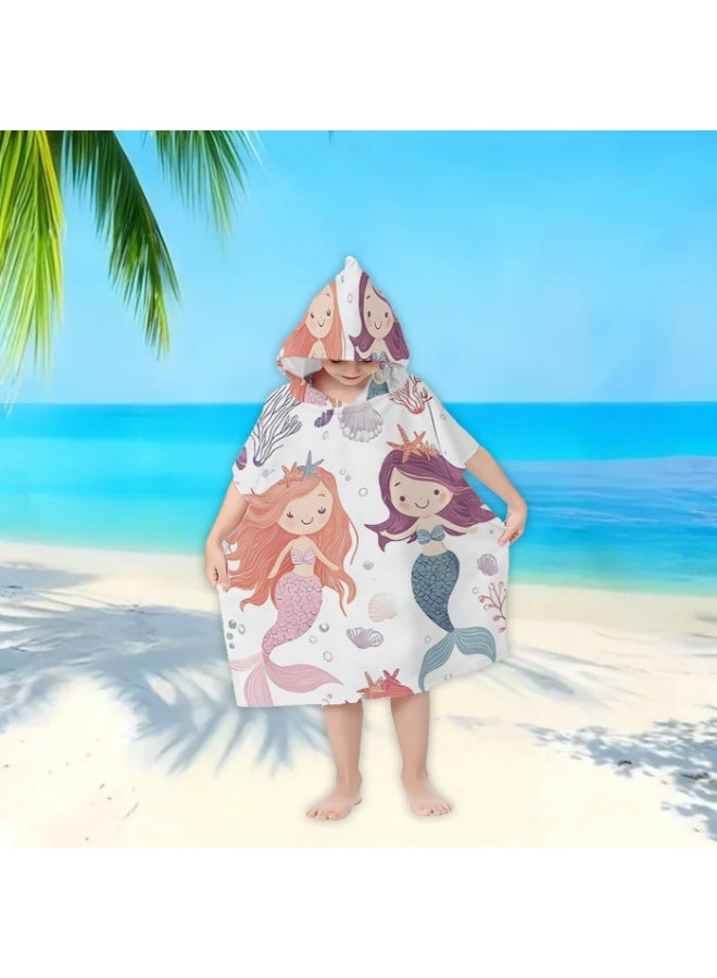 Off White Base Full Printed Watercolor Double Mermaid Starfish Shell Coral Unisex Kids Hooded Quick Dry Poncho Towel, Polyester Soft Water Absorbent Loose Windproof Bath Wrap for All Kids, Perfect for Beach, Swimming Pool, Hot Spring & Daily Shower - Image 1