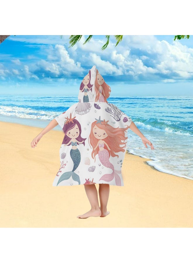 Off White Base Full Printed Watercolor Double Mermaid Starfish Shell Coral Unisex Kids Hooded Quick Dry Poncho Towel, Polyester Soft Water Absorbent Loose Windproof Bath Wrap for All Kids, Perfect for Beach, Swimming Pool, Hot Spring & Daily Shower - Image 4