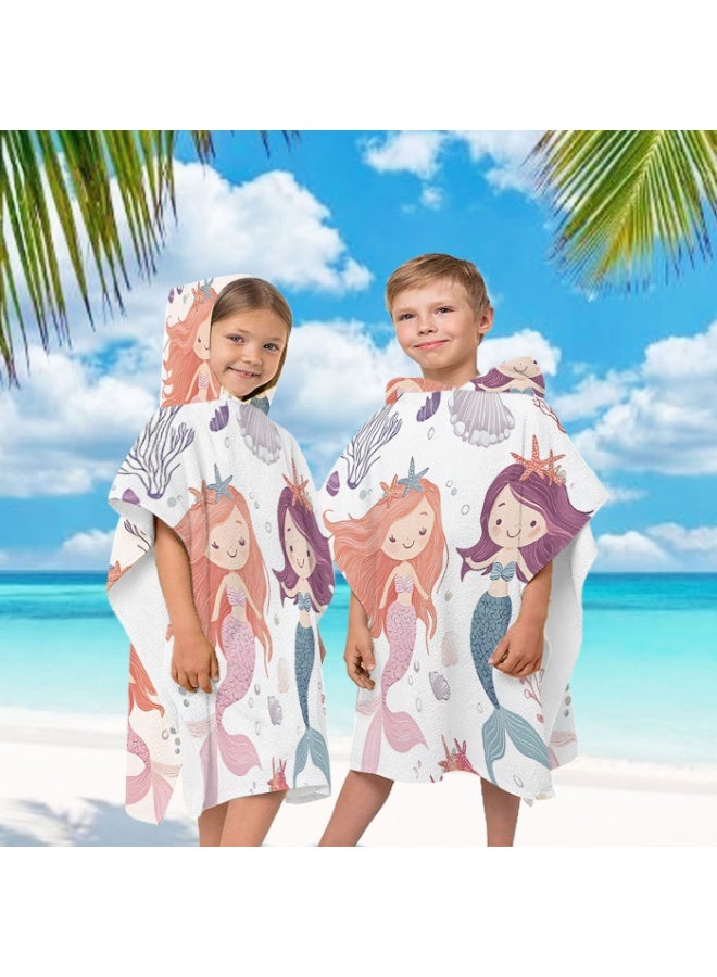 Off White Base Full Printed Watercolor Double Mermaid Starfish Shell Coral Unisex Kids Hooded Quick Dry Poncho Towel, Polyester Soft Water Absorbent Loose Windproof Bath Wrap for All Kids, Perfect for Beach, Swimming Pool, Hot Spring & Daily Shower - Image 2