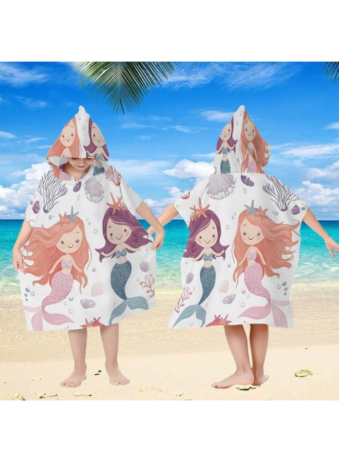 Off White Base Full Printed Watercolor Double Mermaid Starfish Shell Coral Unisex Kids Hooded Quick Dry Poncho Towel, Polyester Soft Water Absorbent Loose Windproof Bath Wrap for All Kids, Perfect for Beach, Swimming Pool, Hot Spring & Daily Shower - Image 5