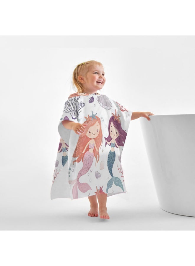 Off White Base Full Printed Watercolor Double Mermaid Starfish Shell Coral Unisex Kids Hooded Quick Dry Poncho Towel, Polyester Soft Water Absorbent Loose Windproof Bath Wrap for All Kids, Perfect for Beach, Swimming Pool, Hot Spring & Daily Shower - Image 3