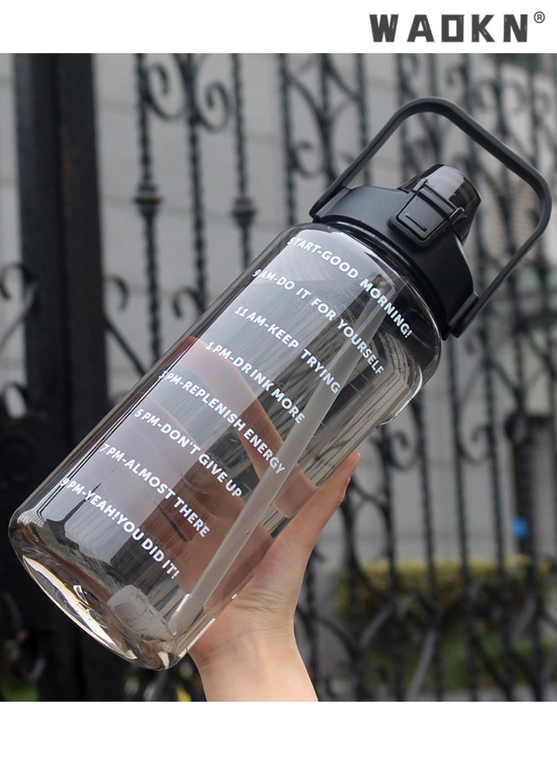 دبليو أيه أو كي أن زجاجة مياه تحفيزية سعة 2 لتر مع علامة زمنية وقش - إبريق ماء مانع للتسرب خال من مادة BPA للنساء الرجال إبريق ماء كبير للياقة البدنية صالة الألعاب الرياضية في الهواء الطلق - Image 3