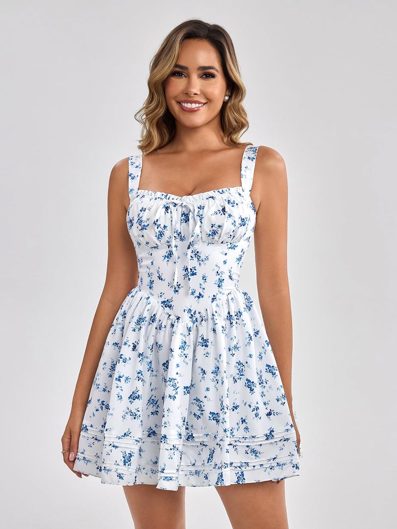 HTZMO Women Summer Casual Floral Square Neck Mini Sundress Corset A Line Cute Graduation Party Short Dress BlueFloral M - Image 5