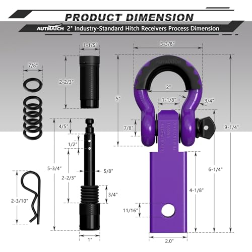 AUTMATCH Shackle Hitch Receiver 2 Inch - 3/4" D Ring Shackle and 5/8" Trailer Hitch Lock Pin, 45,000 Lbs Break Strength Heavy Duty Receiver Towing Kit for Off-Road Vehicle Recovery, Purple - Image 3