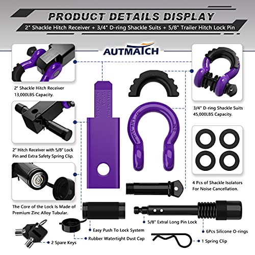 AUTMATCH Shackle Hitch Receiver 2 Inch - 3/4" D Ring Shackle and 5/8" Trailer Hitch Lock Pin, 45,000 Lbs Break Strength Heavy Duty Receiver Towing Kit for Off-Road Vehicle Recovery, Purple - Image 2