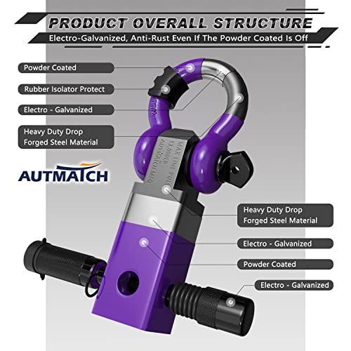 AUTMATCH Shackle Hitch Receiver 2 Inch - 3/4" D Ring Shackle and 5/8" Trailer Hitch Lock Pin, 45,000 Lbs Break Strength Heavy Duty Receiver Towing Kit for Off-Road Vehicle Recovery, Purple - Image 4