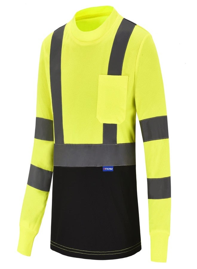 AYKRM High Visibility Shirts Safety T Shirt Reflective High Visibility hi vis Long Sleeve T Shirt (Yellow, XL) - Image 1