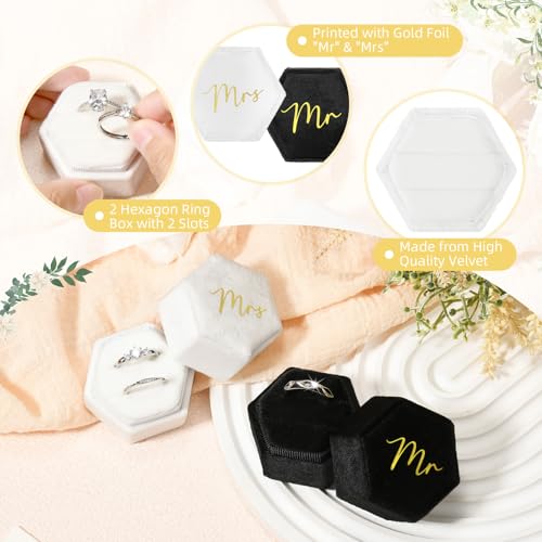 CEELGON Mr & Mrs Velvet Wedding Ring Box 2 Slots Cursive Hexagon Jewelry Ring Box for Wedding Day Ceremony Bridal Photography Gift Set of 2 (Gold Foil Lettering) - Image 2