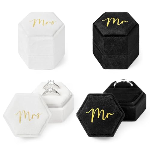 CEELGON Mr & Mrs Velvet Wedding Ring Box 2 Slots Cursive Hexagon Jewelry Ring Box for Wedding Day Ceremony Bridal Photography Gift Set of 2 (Gold Foil Lettering) - Image 1