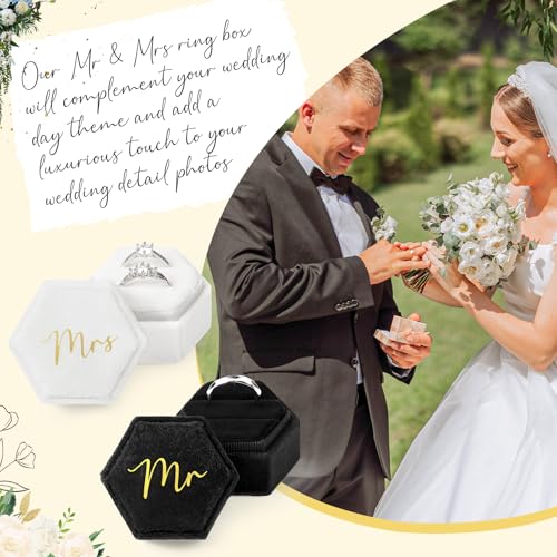 CEELGON Mr & Mrs Velvet Wedding Ring Box 2 Slots Cursive Hexagon Jewelry Ring Box for Wedding Day Ceremony Bridal Photography Gift Set of 2 (Gold Foil Lettering) - Image 5