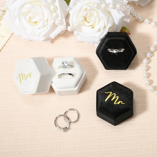 CEELGON Mr & Mrs Velvet Wedding Ring Box 2 Slots Cursive Hexagon Jewelry Ring Box for Wedding Day Ceremony Bridal Photography Gift Set of 2 (Gold Foil Lettering) - Image 4