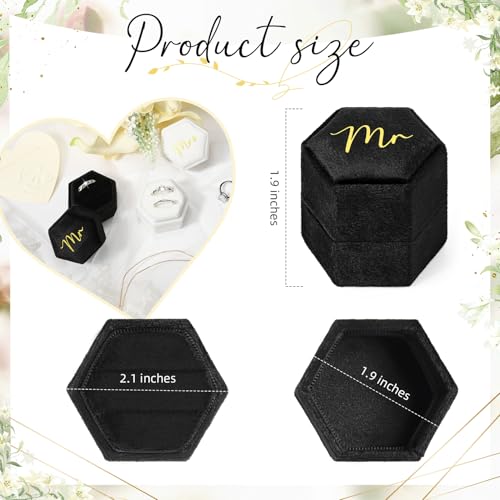 CEELGON Mr & Mrs Velvet Wedding Ring Box 2 Slots Cursive Hexagon Jewelry Ring Box for Wedding Day Ceremony Bridal Photography Gift Set of 2 (Gold Foil Lettering) - Image 3