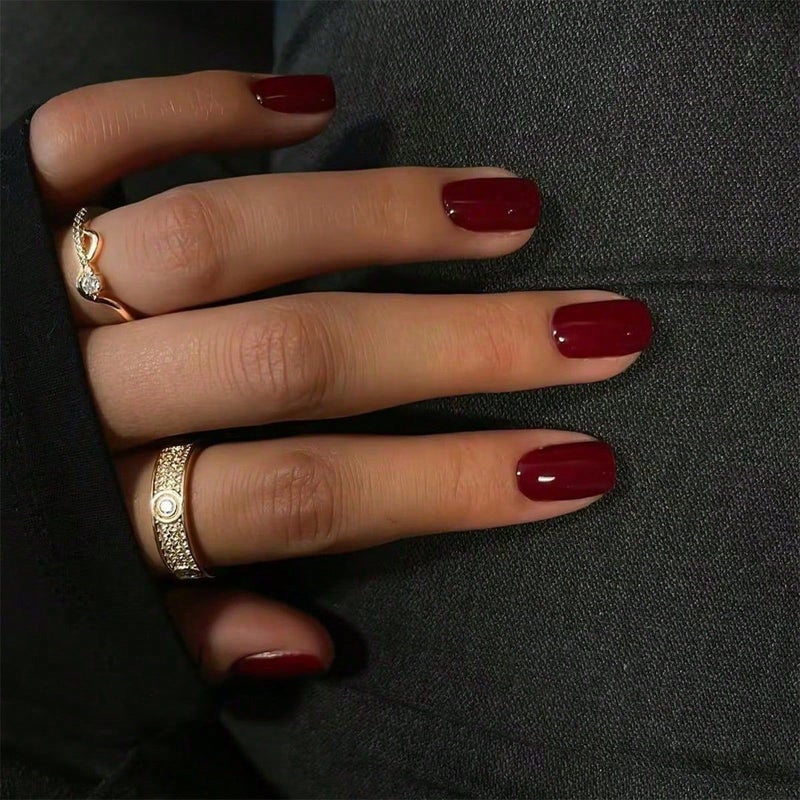 Border Handmade Wearable Nail Tips - Pure Color Short Style, Rectangle Shape, High-End Fake Nails Collection - Image 1
