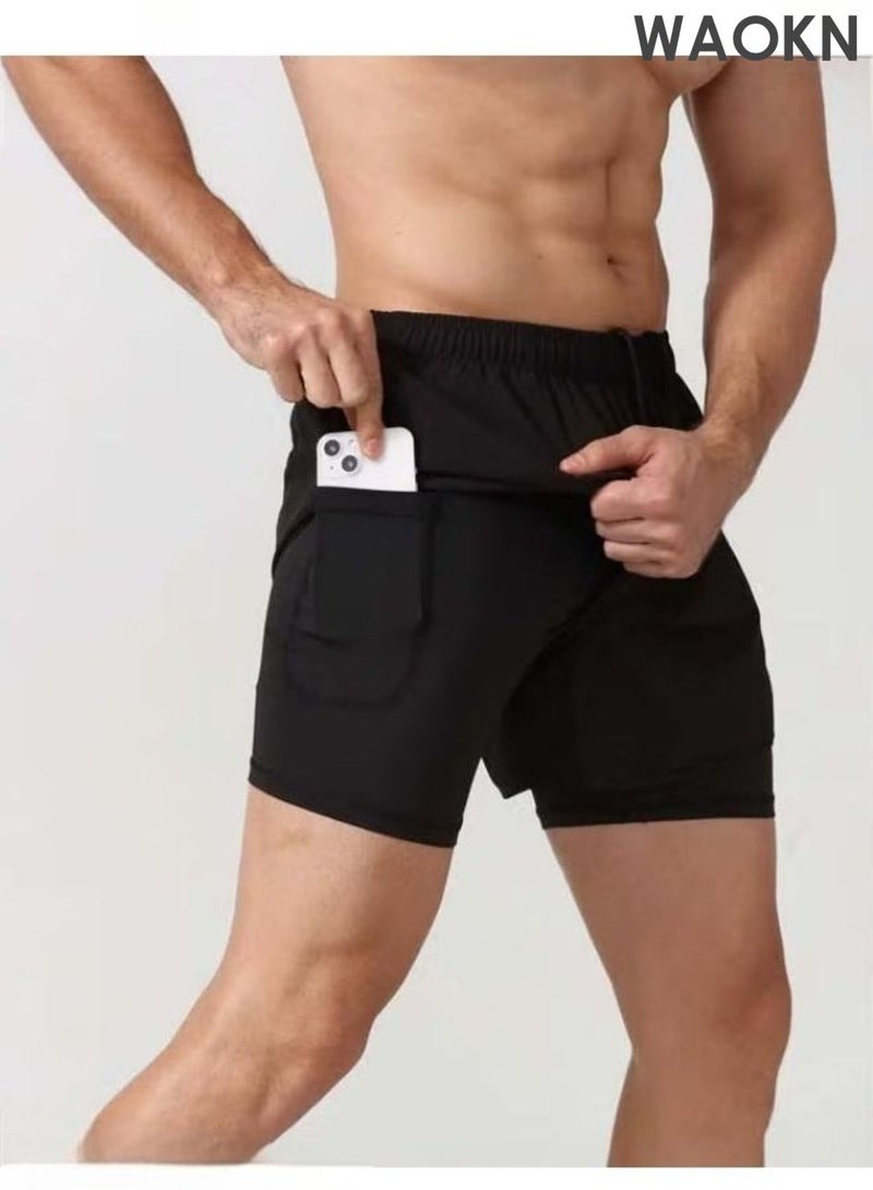 WAOKN Men's 2-in-1 sports running shorts, lightweight sportswear quick drying shorts, lined with anti glare double-layer fitness shorts, fitness stretch sports shorts with pockets that can store mobile phones without fading or deforming (black). - Image 3