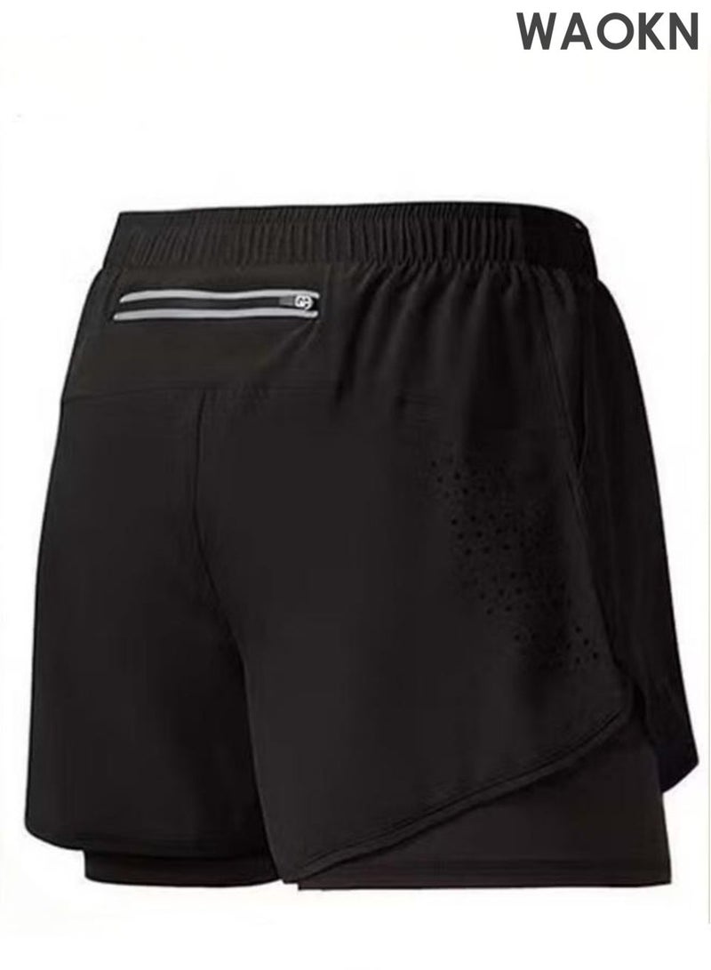 WAOKN Men's 2-in-1 sports running shorts, lightweight sportswear quick drying shorts, lined with anti glare double-layer fitness shorts, fitness stretch sports shorts with pockets that can store mobile phones without fading or deforming (black). - Image 1