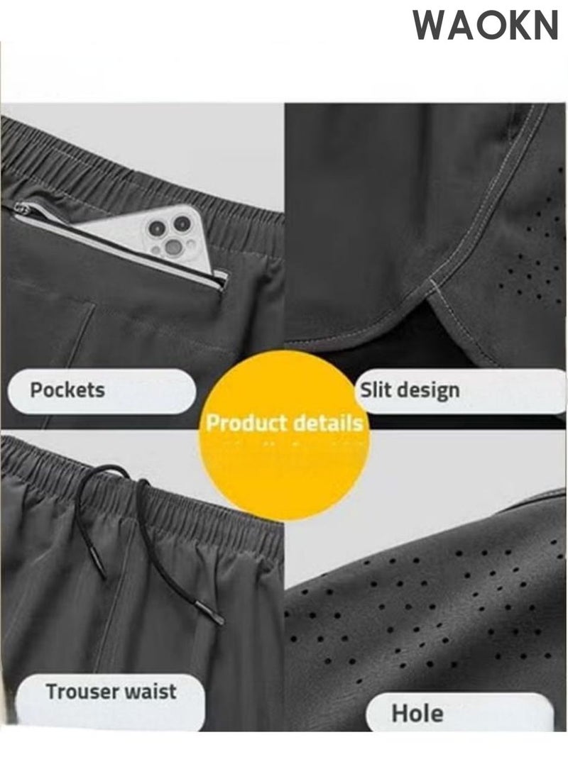 WAOKN Men's 2-in-1 sports running shorts, lightweight sportswear quick drying shorts, lined with anti glare double-layer fitness shorts, fitness stretch sports shorts with pockets that can store mobile phones without fading or deforming (black). - Image 5