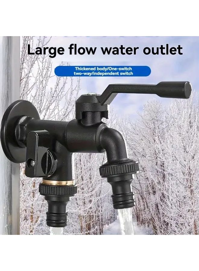 Dual Outlet Black Zinc Alloy Garden Faucet Single Hole Anti Freeze Wall Mounted - Image 3