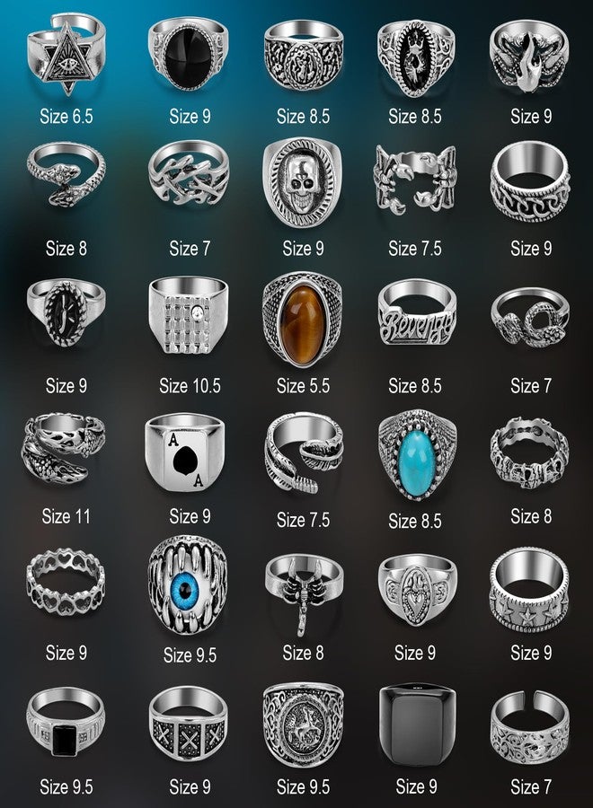 LOREMOW 30Pcs Punk Ring for Men Women Cool Vintage Ring Silver Gothic Hippie Knuckle Ring Pack Adjustable Stackable Chunky Snake Skull Eye Ring, Metal, No Gemstone - Image 3