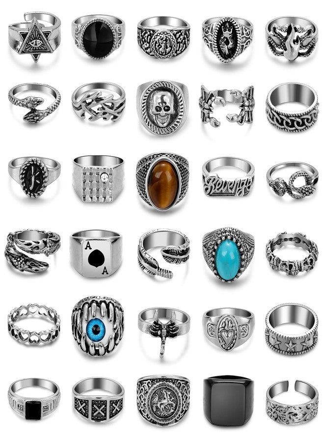 LOREMOW 30Pcs Punk Ring for Men Women Cool Vintage Ring Silver Gothic Hippie Knuckle Ring Pack Adjustable Stackable Chunky Snake Skull Eye Ring, Metal, No Gemstone - Image 1