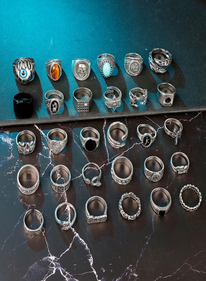 LOREMOW 30Pcs Punk Ring for Men Women Cool Vintage Ring Silver Gothic Hippie Knuckle Ring Pack Adjustable Stackable Chunky Snake Skull Eye Ring, Metal, No Gemstone - Image 4