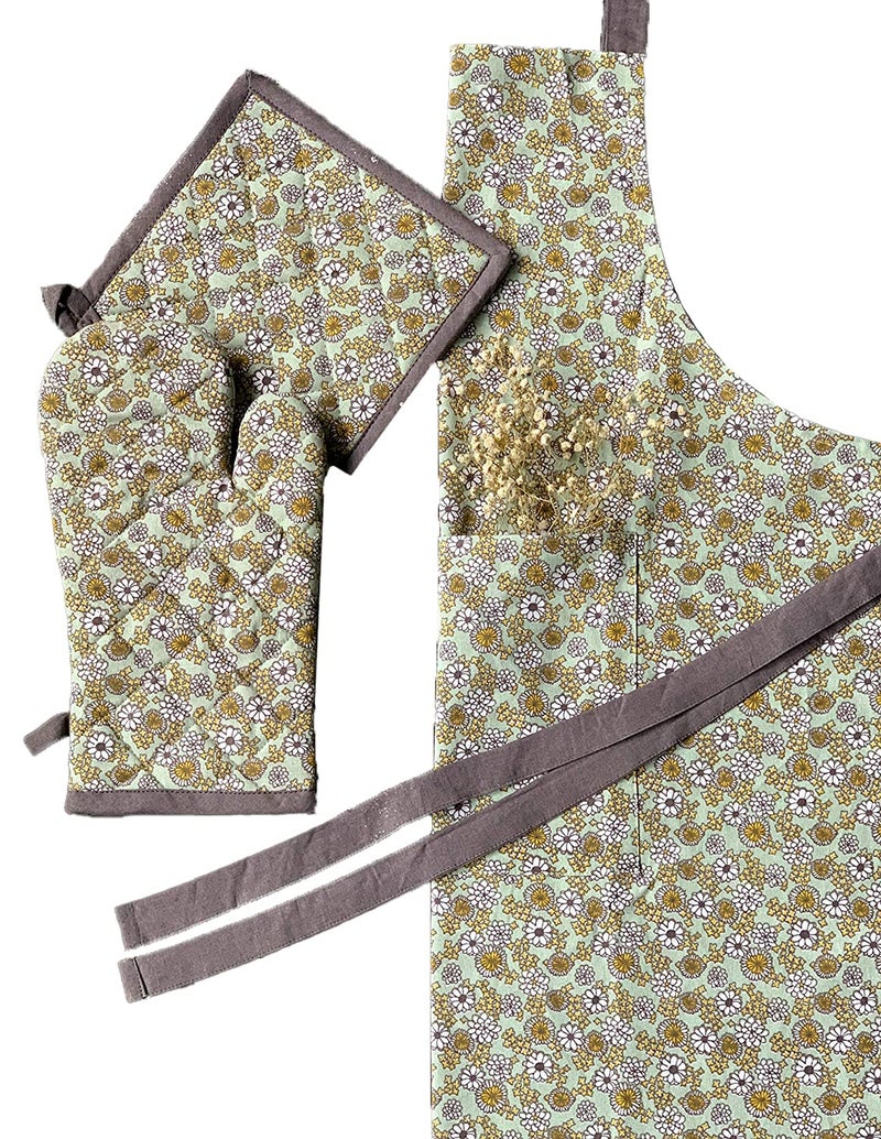 Pixel Home Printed Apron Set with Oven Mitten and Pot Holder - Green Flower Print