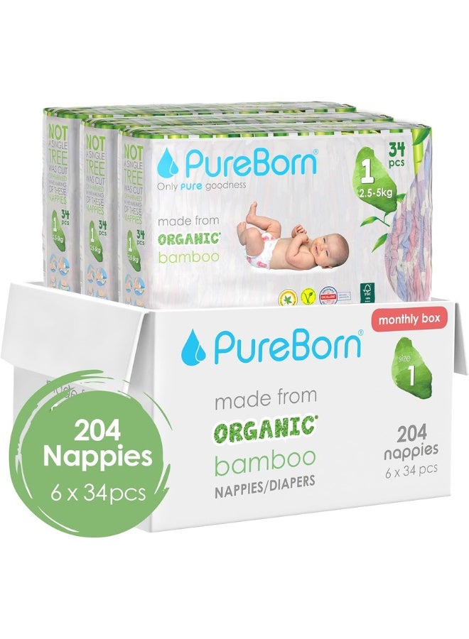 PureBorn حفاضات بيور بورن العضوية من الخيزران للأطفال الحجم 1 | حفاضات بأسلوب الشريط مضادة للحساسية | حتى 5 كجم | عبوة من 6x34 عدد 204 | تصميمات متنوعة - Image 1