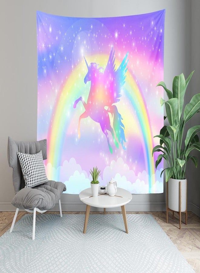 CORFOTO 81x59 Inch Rainbow Unicorn Tapestry Fantasy Winged Unicorn Silhouette Stars Booker Wall Hanging for Baby Shower Kids Themed Party Decor for Living Room Dorm Decor - Image 4