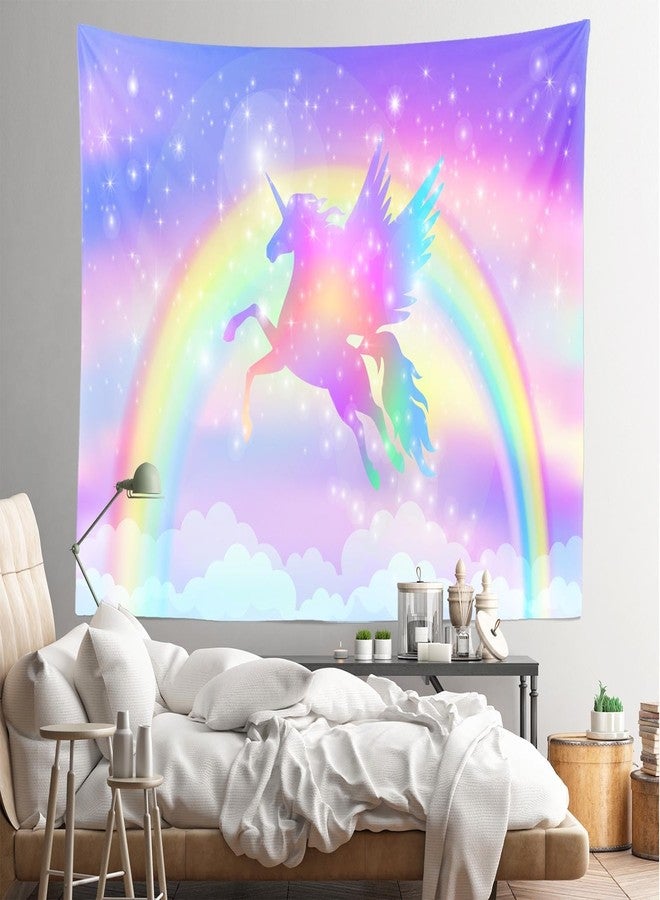 CORFOTO 81x59 Inch Rainbow Unicorn Tapestry Fantasy Winged Unicorn Silhouette Stars Booker Wall Hanging for Baby Shower Kids Themed Party Decor for Living Room Dorm Decor - Image 3