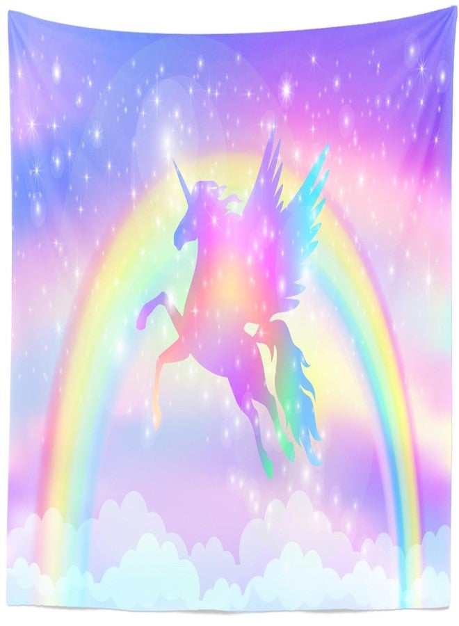 CORFOTO 81x59 Inch Rainbow Unicorn Tapestry Fantasy Winged Unicorn Silhouette Stars Booker Wall Hanging for Baby Shower Kids Themed Party Decor for Living Room Dorm Decor - Image 1