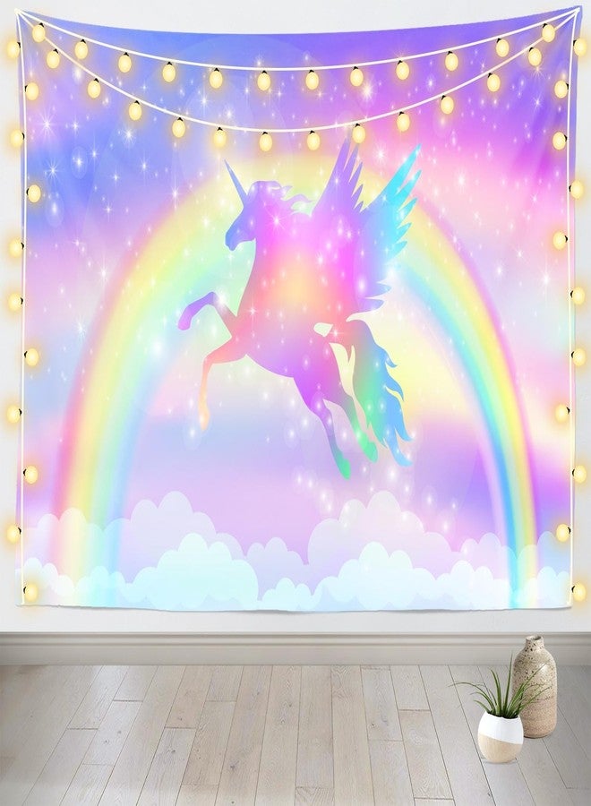 CORFOTO 81x59 Inch Rainbow Unicorn Tapestry Fantasy Winged Unicorn Silhouette Stars Booker Wall Hanging for Baby Shower Kids Themed Party Decor for Living Room Dorm Decor - Image 2