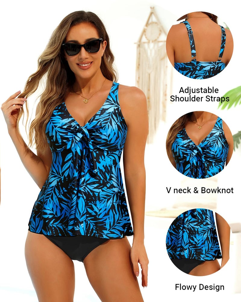 Yonique Womens Flowy Tankini Tops Only Modest Swim Tops Loose Fit Bathing Suit Tops No Bottom Blue Leaves-1 L - Image 5