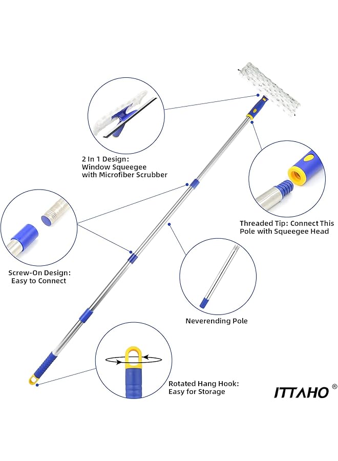 erorex Double Sided Window Cleaner Window Squeegee And Microfiber Scrubber With 53 Inch Stainless Steel Pole Long Handle Window Washing Equipment For Indoor Outside High Window Cleaning Two Pads - Image 4