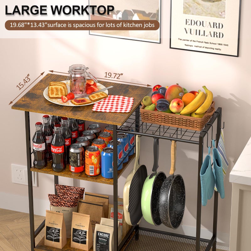 3IngSeagulls Kitchen Stand with Pots Rack, Utility Microwave Oven Stand with Storage, 5 Tiers Coffee Bar Table, Small Kitchen Bakers Rack with 6 S Hooks, Kitchen Storage Shelf Rack for Spices, Pots, Rustic Brown - Image 4