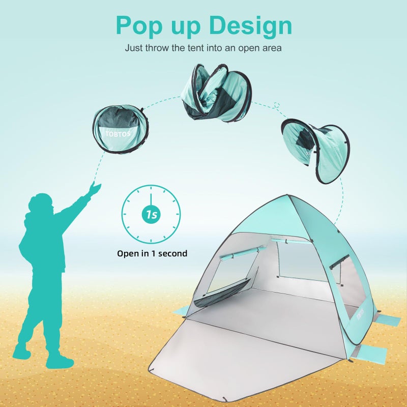 TOBTOS UPF 50+ Pop Up Beach Tent, Beach Umbrella, Automatic Sun Shelter 2-3 People UV Protection Portable Sunshade, Easy Set Up Baby Canopy Cabana, Lightweight with Carry Bag (Mint Green) - Image 5