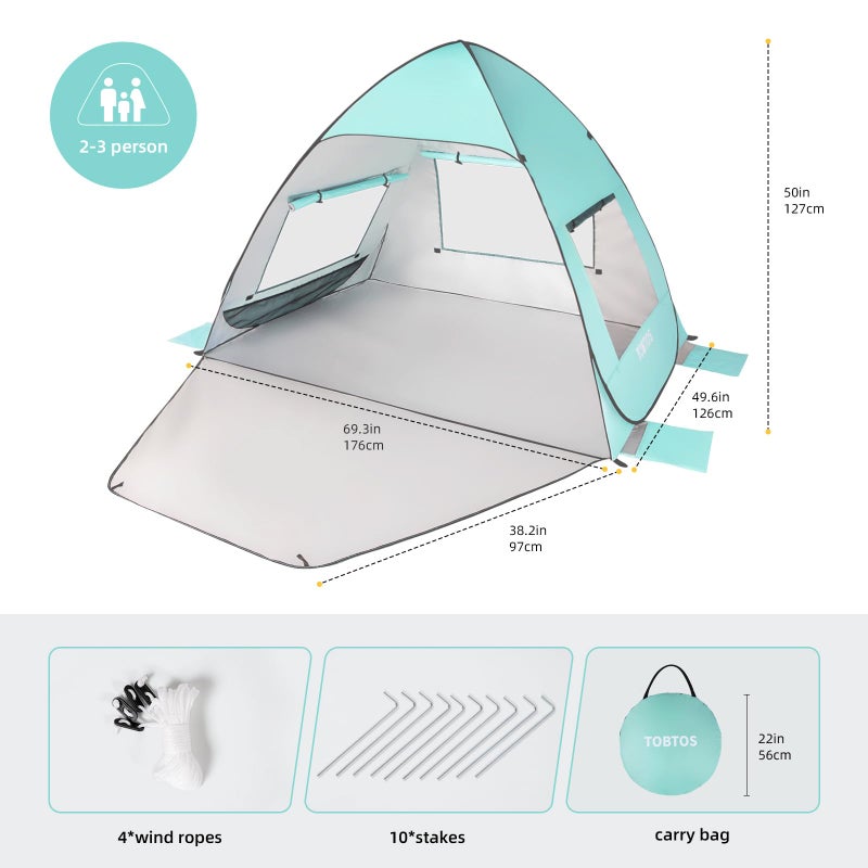 TOBTOS UPF 50+ Pop Up Beach Tent, Beach Umbrella, Automatic Sun Shelter 2-3 People UV Protection Portable Sunshade, Easy Set Up Baby Canopy Cabana, Lightweight with Carry Bag (Mint Green) - Image 2