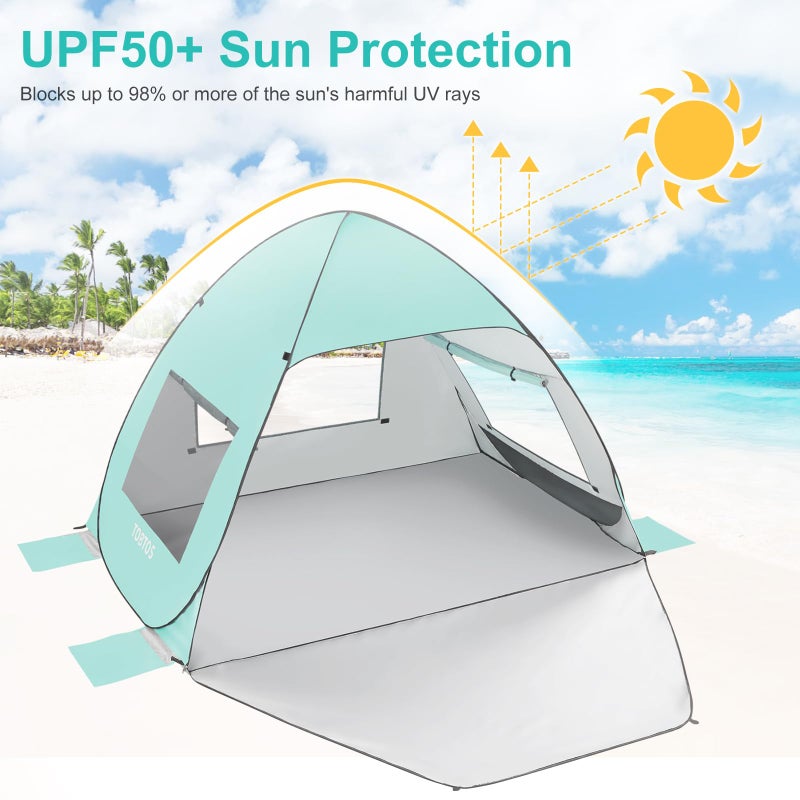 TOBTOS UPF 50+ Pop Up Beach Tent, Beach Umbrella, Automatic Sun Shelter 2-3 People UV Protection Portable Sunshade, Easy Set Up Baby Canopy Cabana, Lightweight with Carry Bag (Mint Green) - Image 3