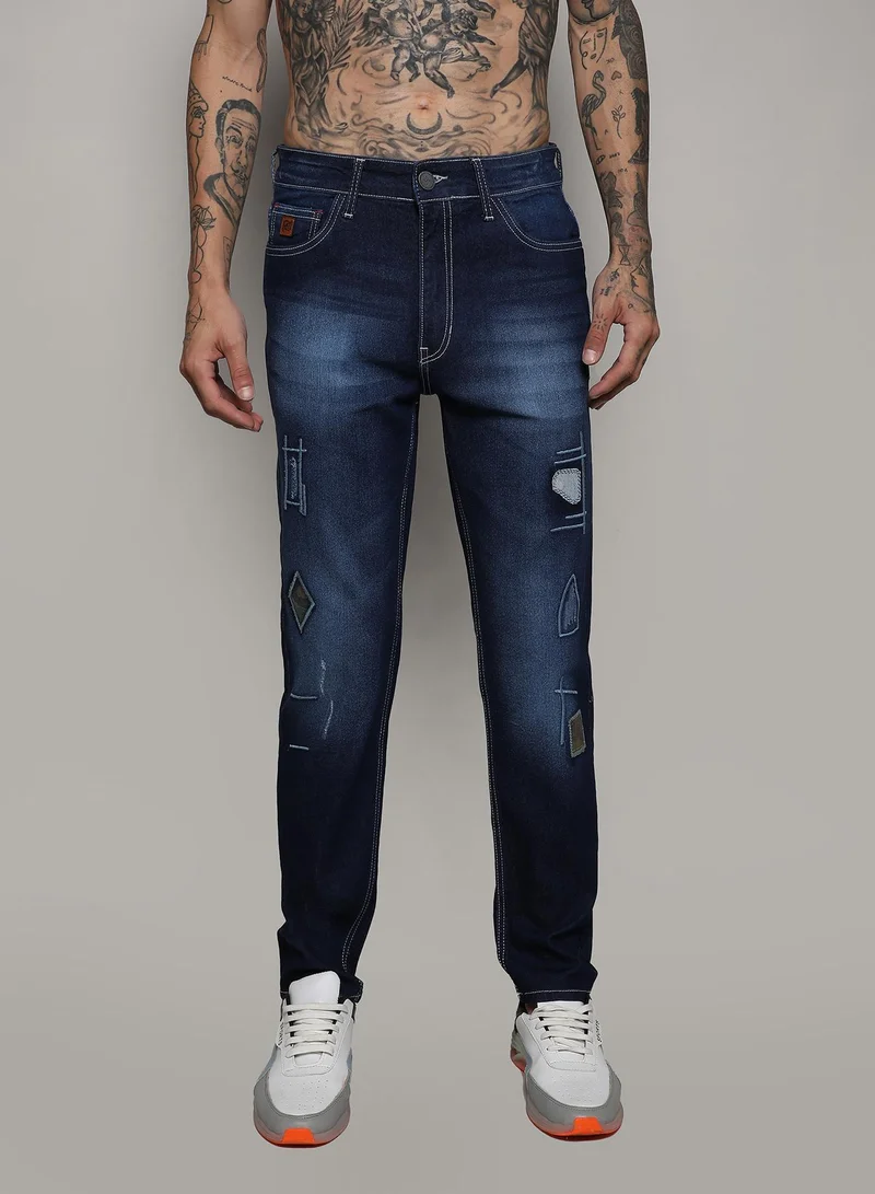 Campus Sutra Men's Dark Blue Embroidered Denim Jeans