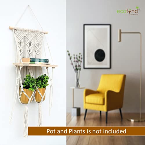 ecofynd 16 inches Cotton Wall Hanging Wooden Shelf, Bohemian Boho Nordic Style for Home Decor, Floating Rack for Bedroom Living Room (SH021) - Image 2