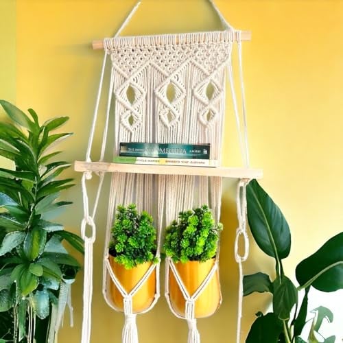 ecofynd 16 inches Cotton Wall Hanging Wooden Shelf, Bohemian Boho Nordic Style for Home Decor, Floating Rack for Bedroom Living Room (SH021) - Image 1