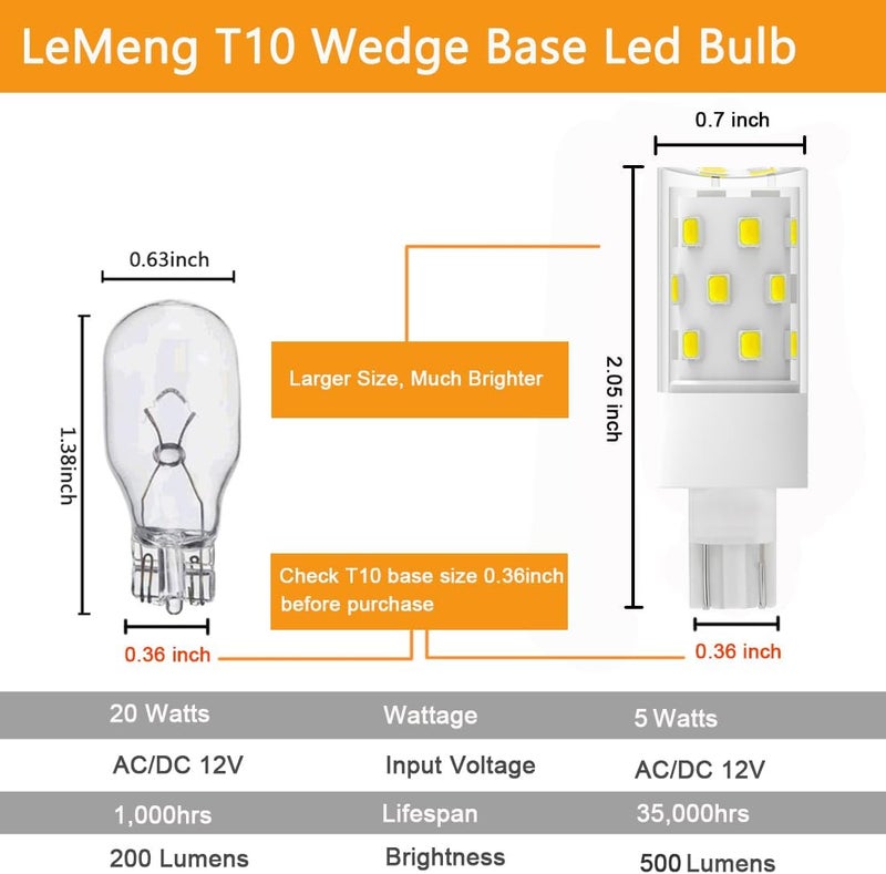 LEMENG 50watt T10 Wedge Base 921 LED Light Bulb 5W 500lm 6000K Daylight White 12VAC/DC for Outdoor Landscape Path, RV Camper Trailer Motorhome Marine Boat Lighting-6 Pack - Image 2