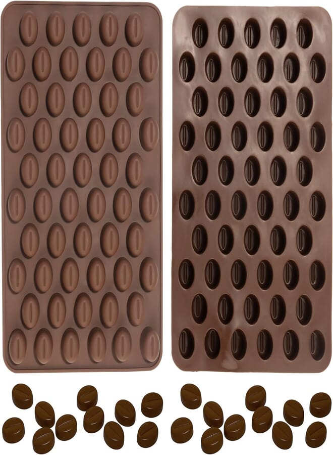 FVVMEED 2 Pieces Silicone Chocolate Molds, 55 Cavity Mini 3D Coffee Beans Sugar Candy Fondant Trays Pastry Bakeware Decoration Ice Cube Candy Butter Jello Making Homemade Mould Cakes Decor DIY Mold