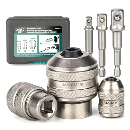 Bestwork 6pcs Adjustable Tap Socket Set, 1/4", 3/8", 1/2" Drive Tap Holder Tool for Reamers, Screw Extractors - Image 5