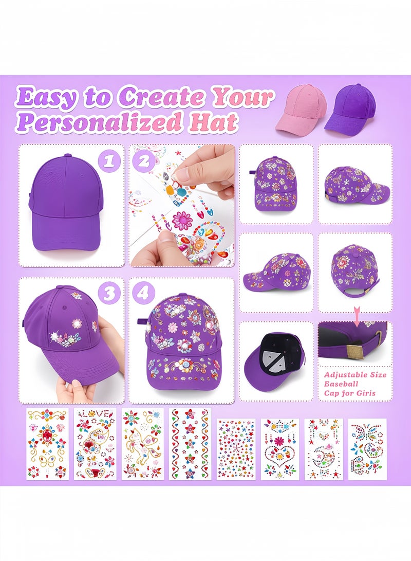 Peachjoy 2 Pcs Baseball Cap, Gifts for Girls DIY Gem Unicorn Stickers, Craft Kits for Kids Girls Toys Age 6-7-8-9-10 Birthday Presents Arts and Crafts Toys for Kids Age 5-8 Baseball Cap (8 Stickers) - Image 2
