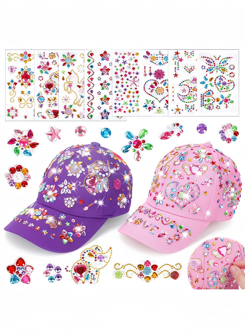 Peachjoy 2 Pcs Baseball Cap, Gifts for Girls DIY Gem Unicorn Stickers, Craft Kits for Kids Girls Toys Age 6-7-8-9-10 Birthday Presents Arts and Crafts Toys for Kids Age 5-8 Baseball Cap (8 Stickers) - Image 1