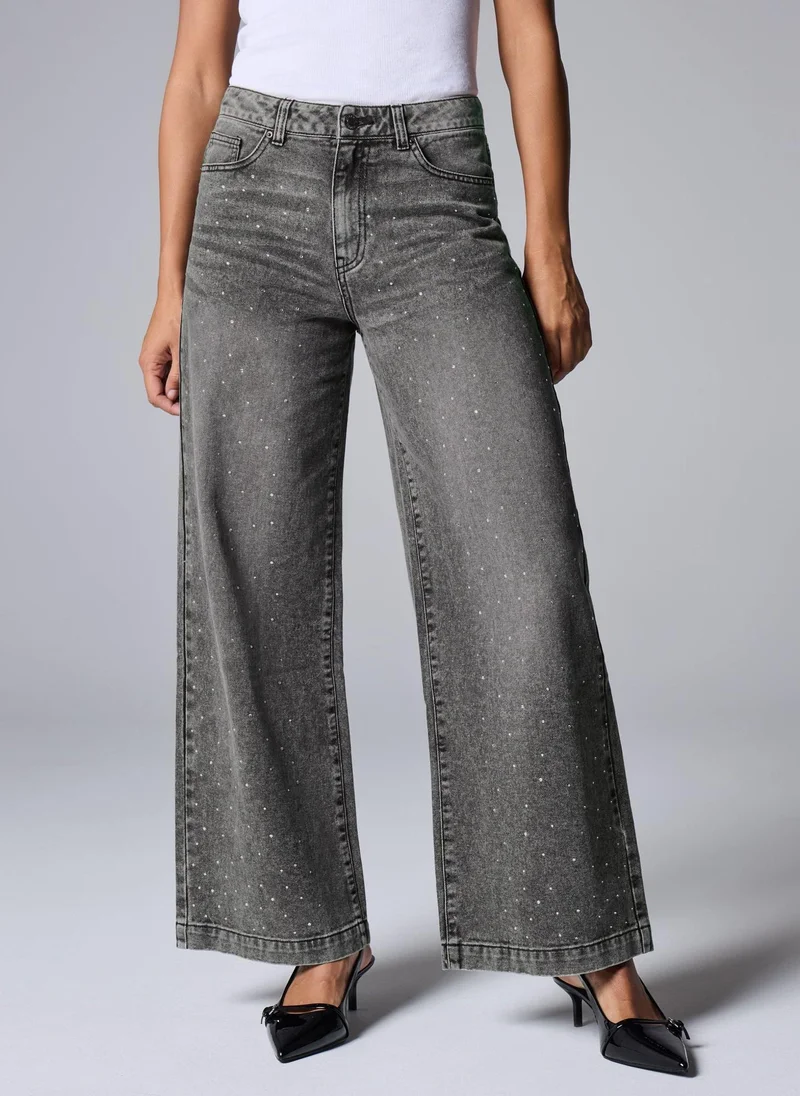 Matalan Grey Bling Diamante Wide Leg Jeans