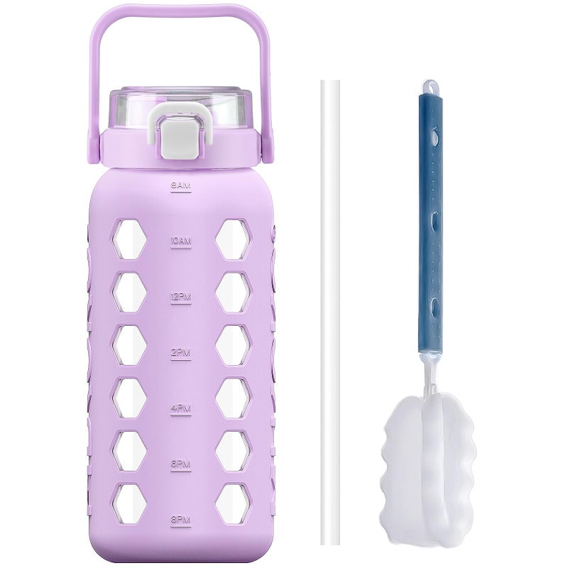 MUKOKO Half Gallon64 oz Glass Water Bottles with Straw and LidMotivational Water Jug with Time Marker Reminder and Silicone Sleeve100 Leakproof BPA Free Fitness Sports Large BottlePurple